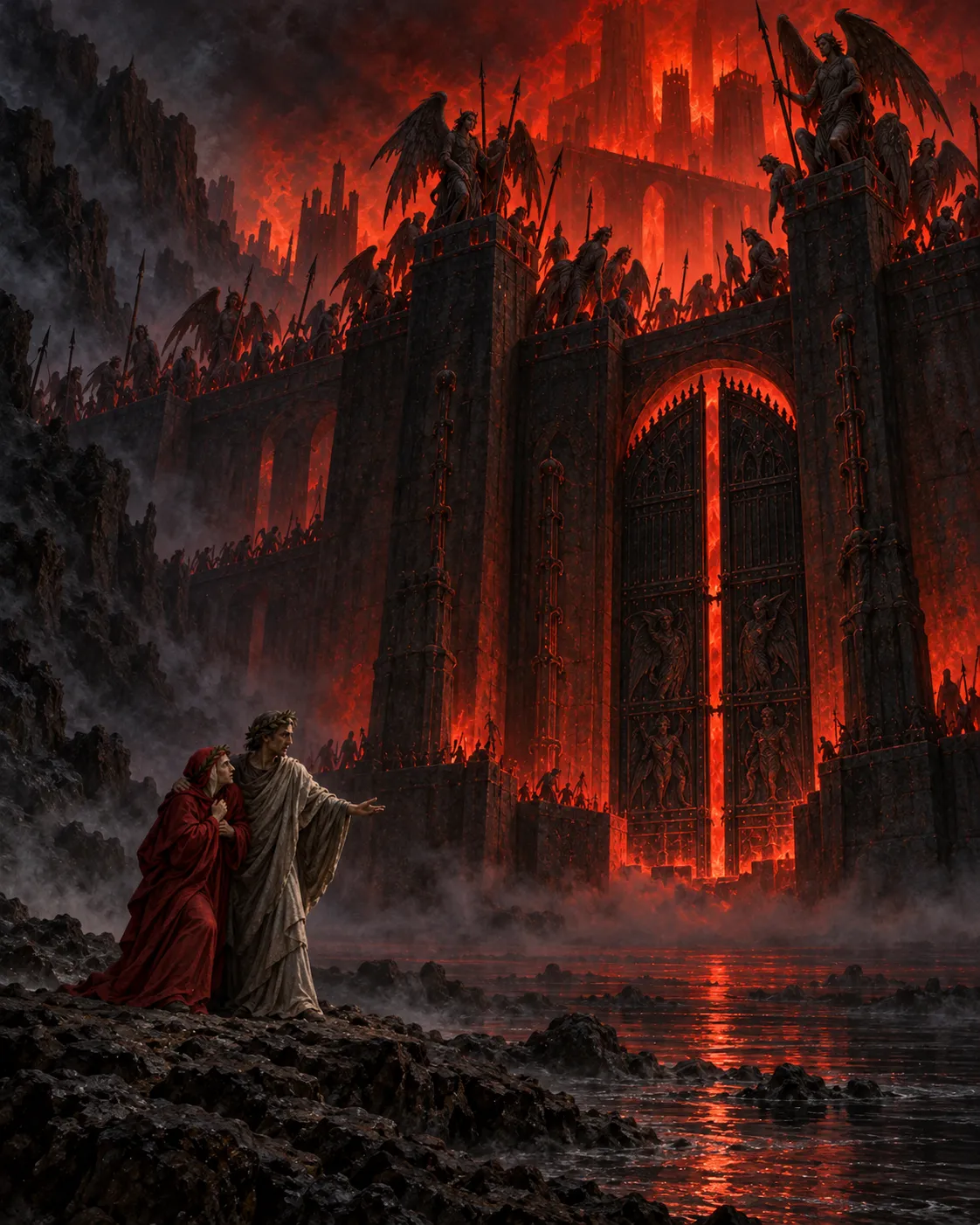 Dante e Virgílio diante dos portões da cidade de Dite em chamas